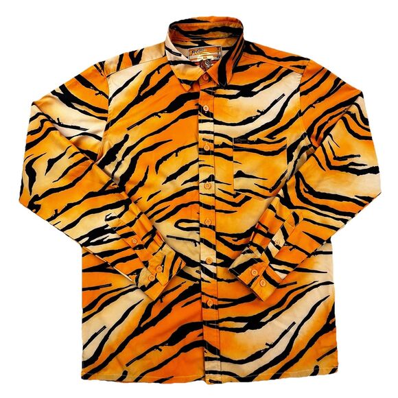 Retro Rifle Shirt Men Medium Orange Black Tiger Animal Print Hunting Safari - Picture 2 of 11